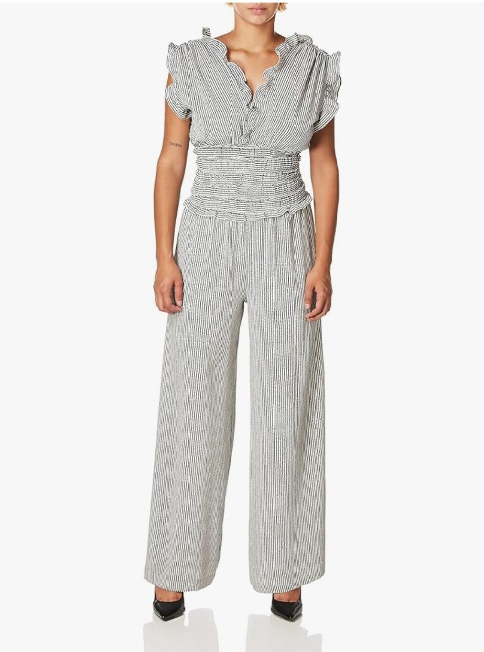 MAX STUDIO Size XL: Smocked Waist Striped Jumpsuit in Black and White